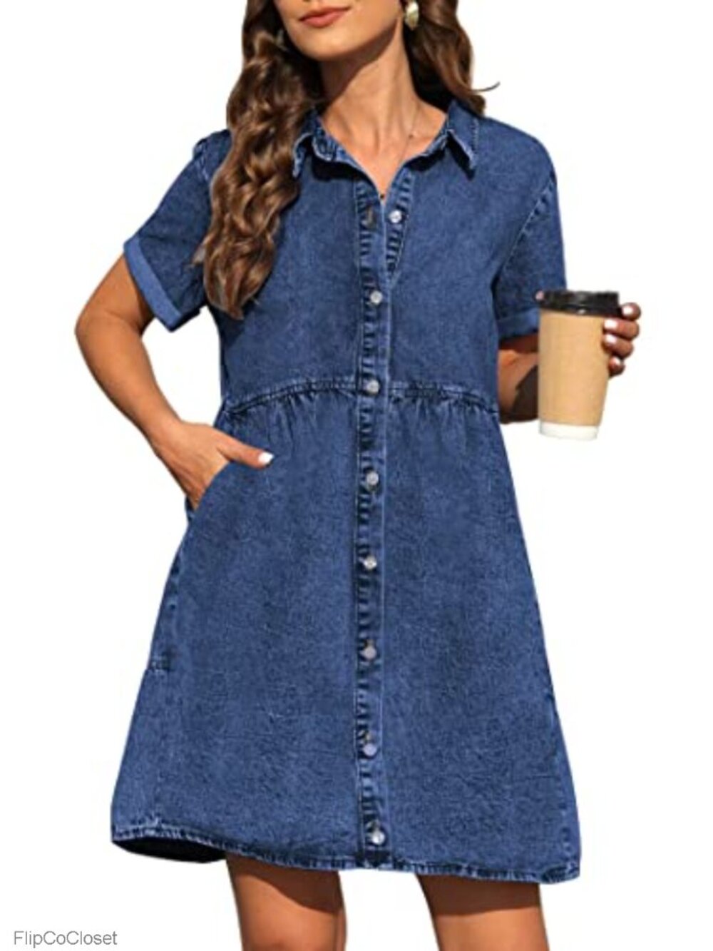 Denim Dress with Pockets Short Sleeve A-Line Jean Dress